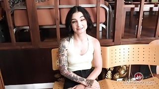 Black hair tattooed temptress Stevie Moon does an interview where she playfully takes off her clothes and exposes her natural gifted body with small perky boobs